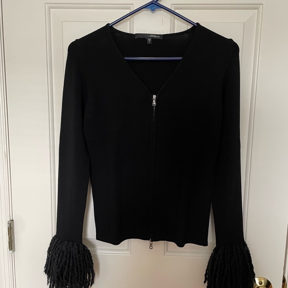 Les Copains Black Cardigan with Fringe Cuffs